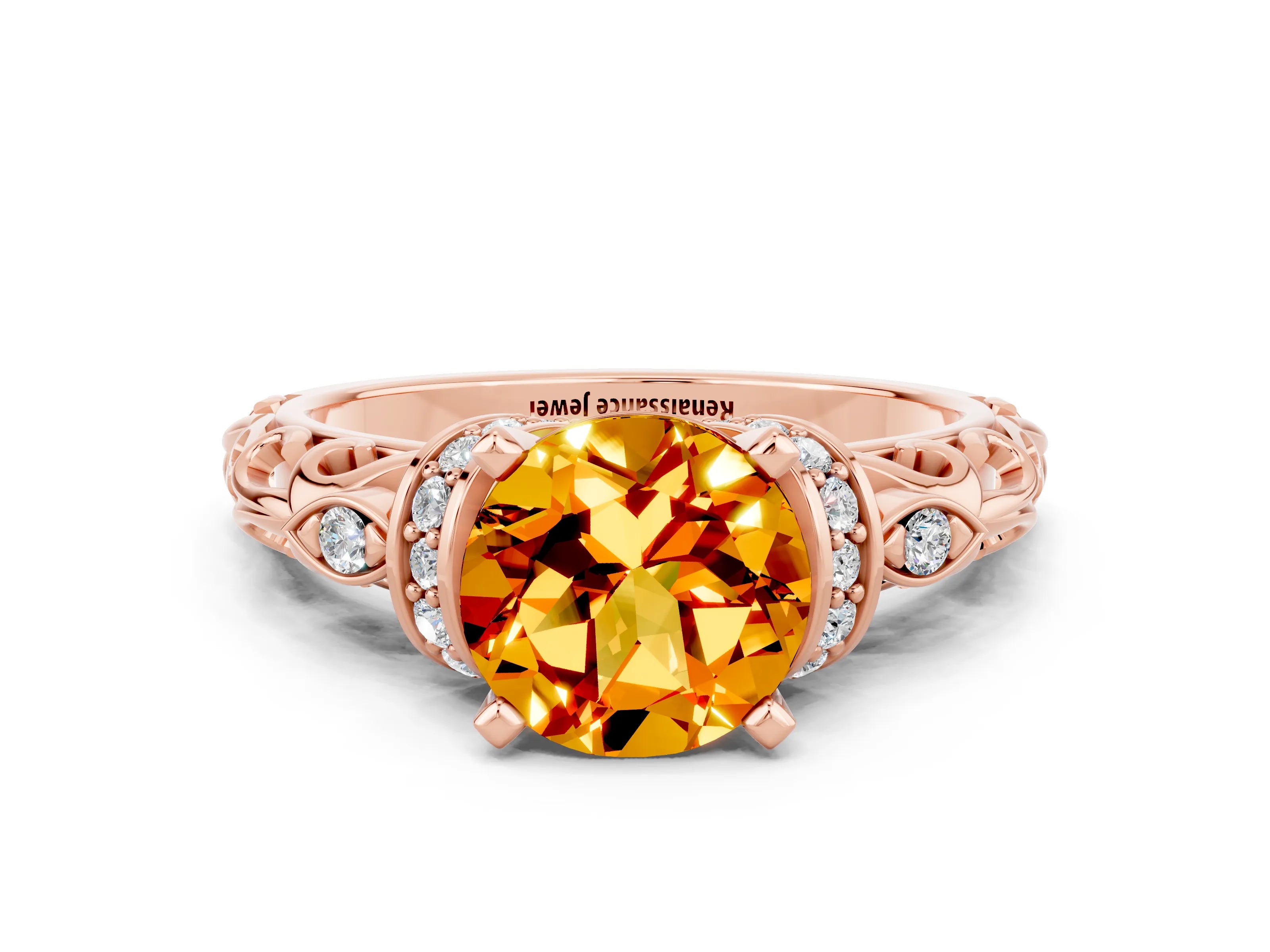 Rose gold Round Cut Citrine Solitaire Ring with Filigree Band and Four-Prong Setting_24