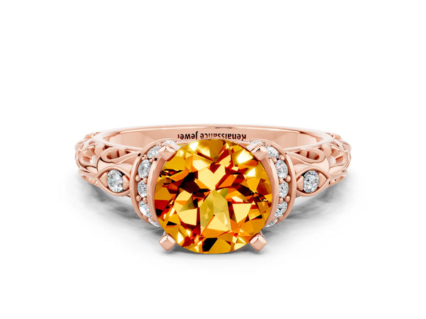 Rose gold Round Cut Citrine Solitaire Ring with Filigree Band and Four-Prong Setting