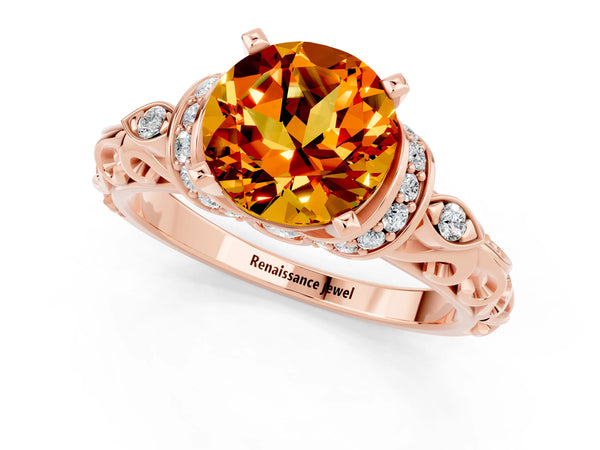 Rose gold Round Cut Citrine Solitaire Ring with Filigree Band and Four-Prong Setting