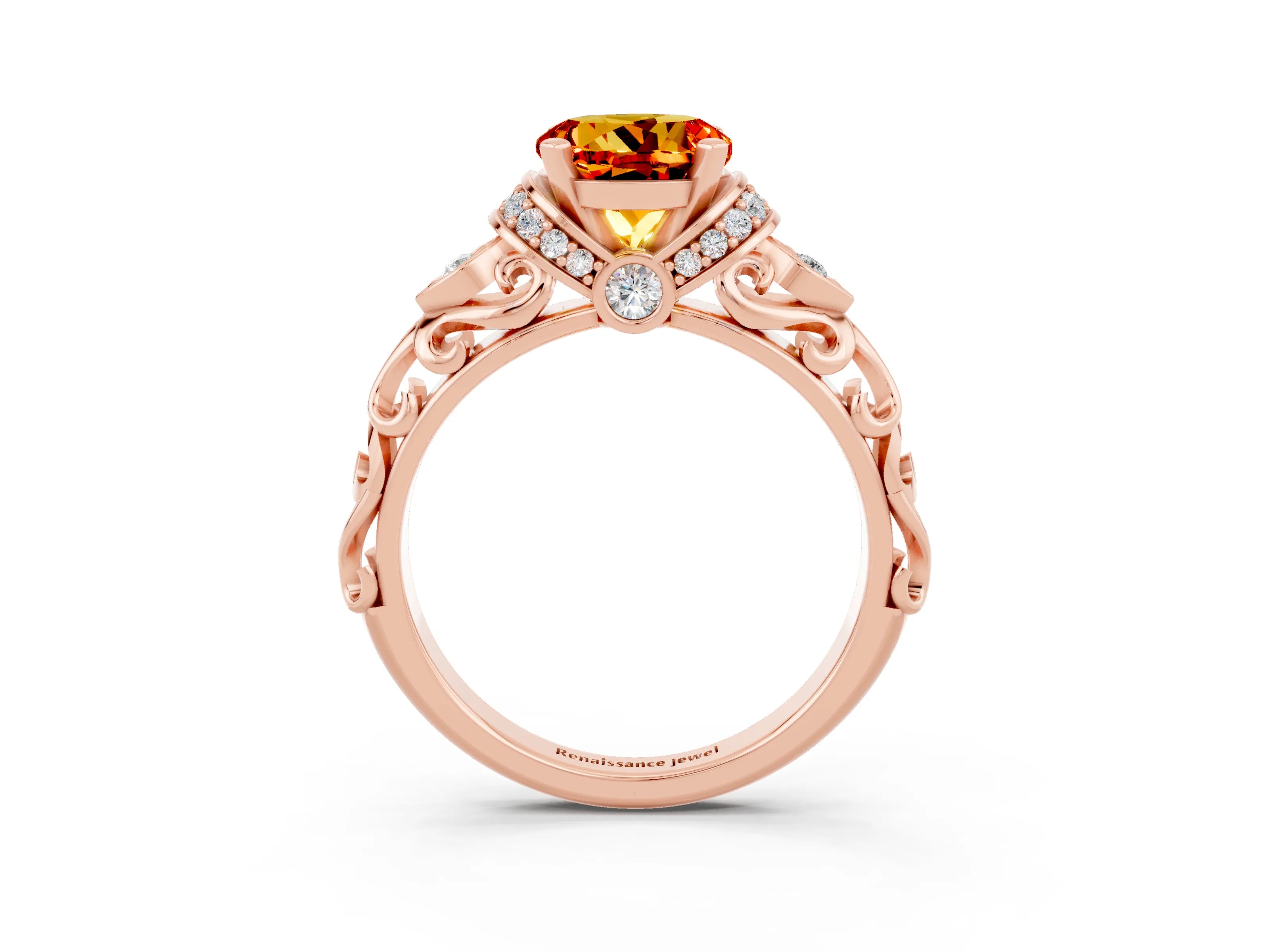 Rose gold Round Cut Citrine Solitaire Ring with Filigree Band and Four-Prong Setting_27