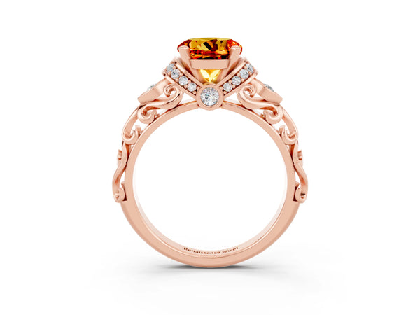 Rose gold Round Cut Citrine Solitaire Ring with Filigree Band and Four-Prong Setting