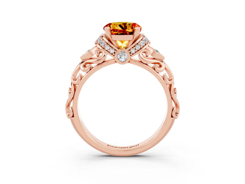 Rose gold Round Cut Citrine Solitaire Ring with Filigree Band and Four-Prong Setting_27
