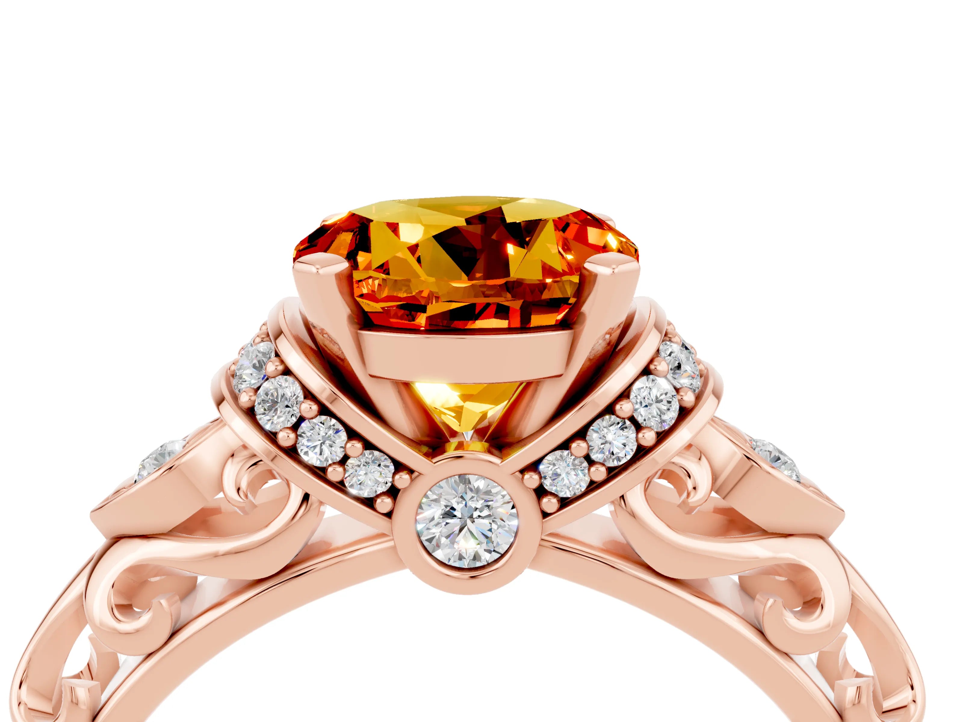 Rose gold Round Cut Citrine Solitaire Ring with Filigree Band and Four-Prong Setting_28