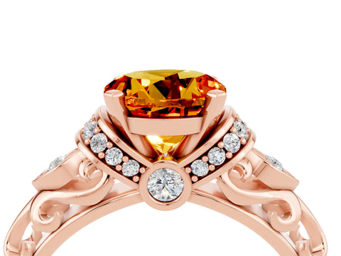 Rose gold Round Cut Citrine Solitaire Ring with Filigree Band and Four-Prong Setting_28