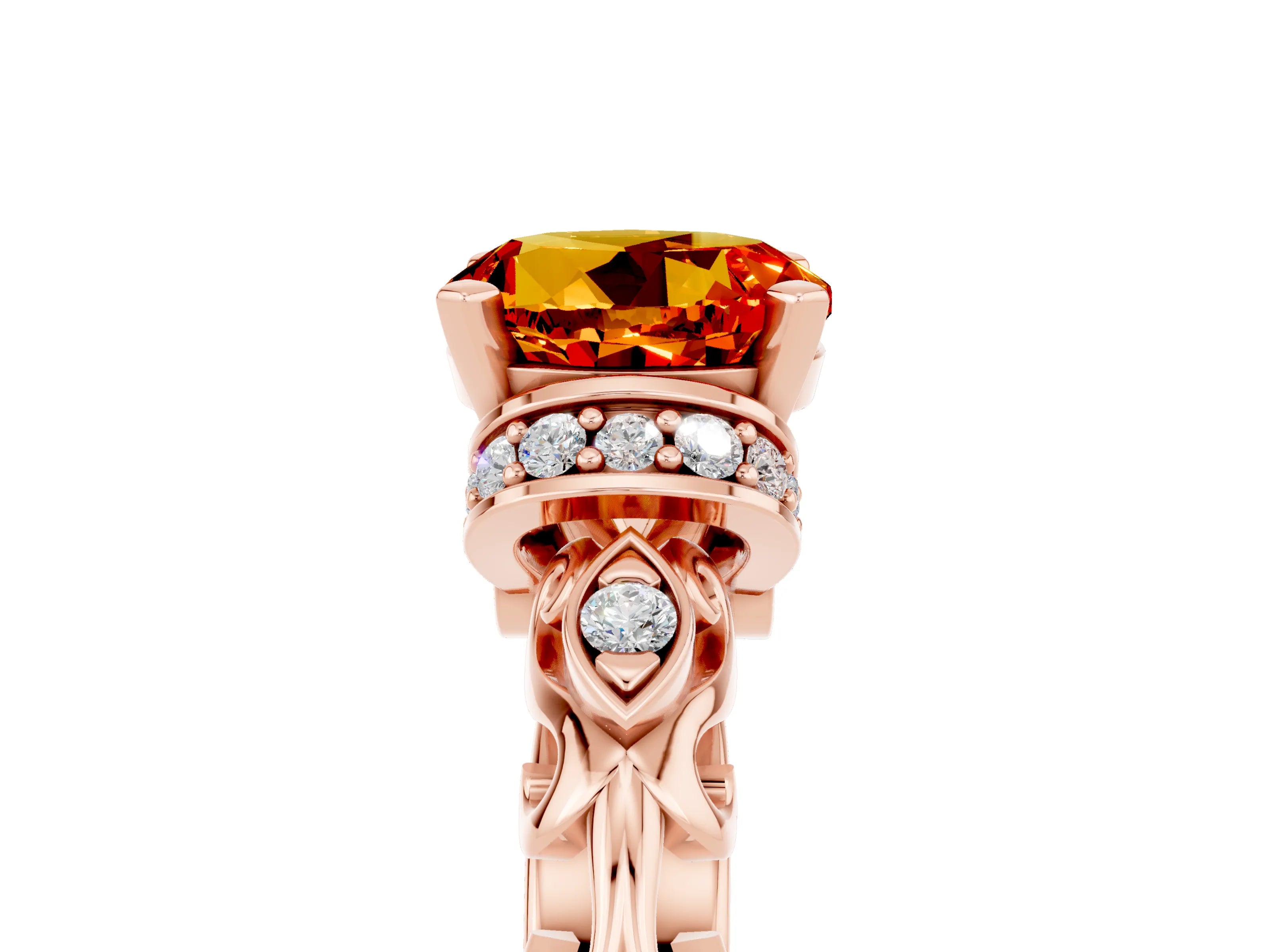 Rose gold Round Cut Citrine Solitaire Ring with Filigree Band and Four-Prong Setting_29
