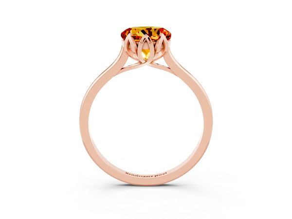 Rose gold Round Cut Citrine Solitaire Ring with Flower Prong Setting and Classic Band