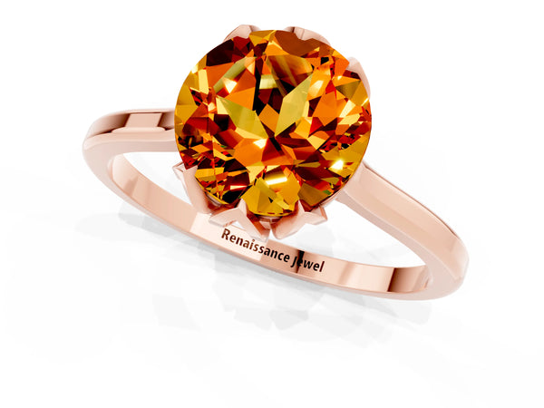 Rose gold Round Cut Citrine Solitaire Ring with Flower Prong Setting and Classic Band