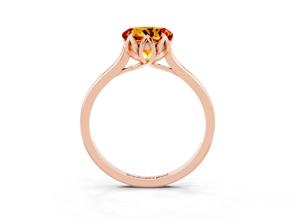 Rose gold Round Cut Citrine Solitaire Ring with Flower Prong Setting and Classic Band