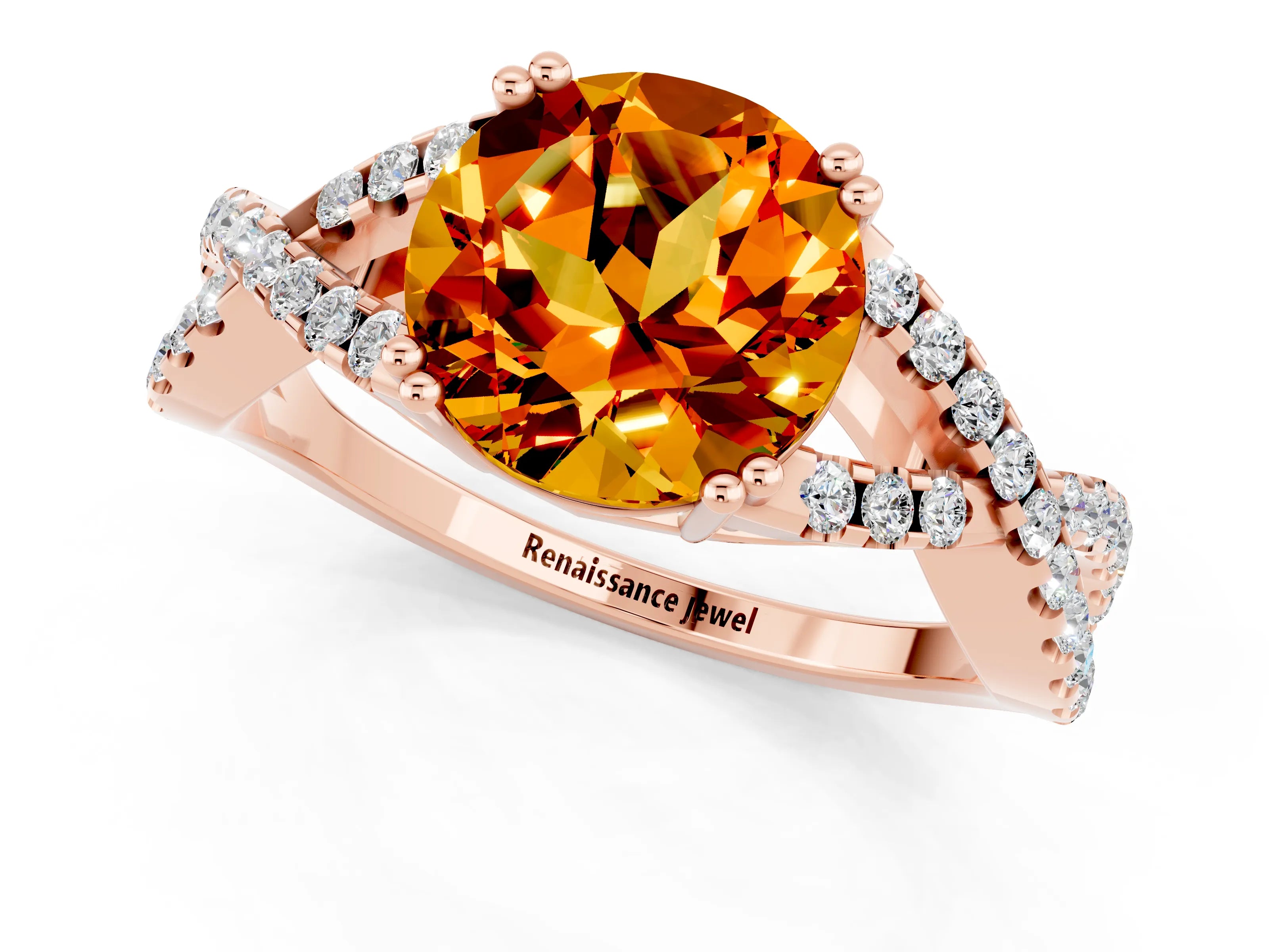 Rose gold Round Cut Citrine Solitaire Ring with Four-Prong Setting and Twisted Pavé Band_1
