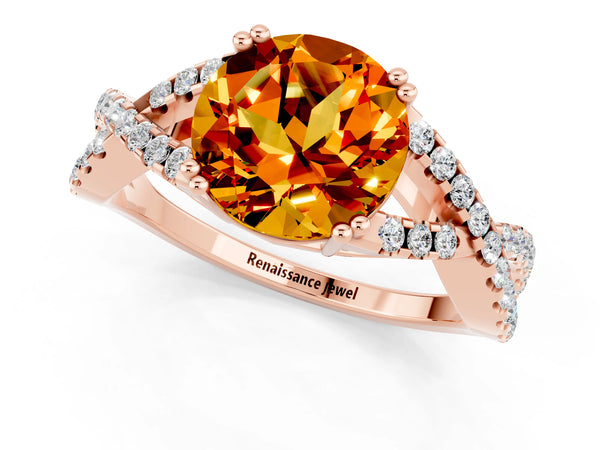 Rose gold Round Cut Citrine Solitaire Ring with Four-Prong Setting and Twisted Pavé Band