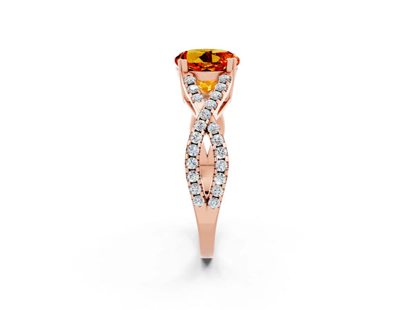 Rose gold Round Cut Citrine Solitaire Ring with Four-Prong Setting and Twisted Pavé Band