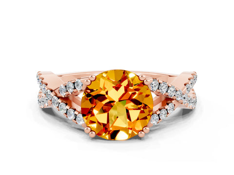 Rose gold Round Cut Citrine Solitaire Ring with Four-Prong Setting and Twisted Pavé Band