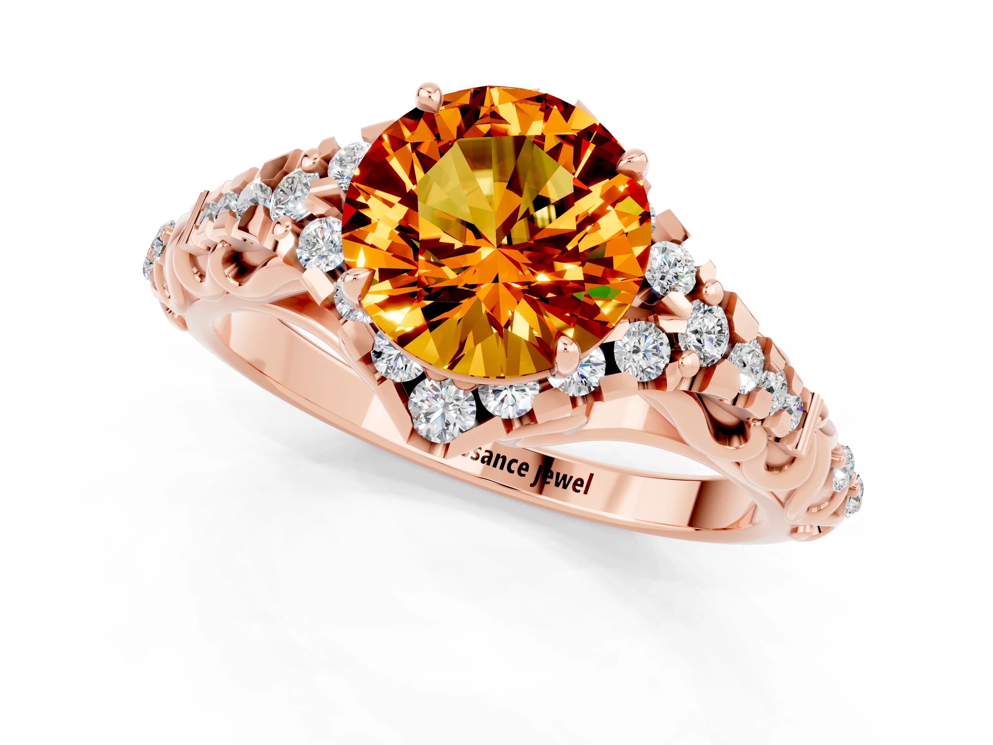 Rose gold Round Cut Citrine Solitaire Ring with Hidden Halo and Pavé Band_13