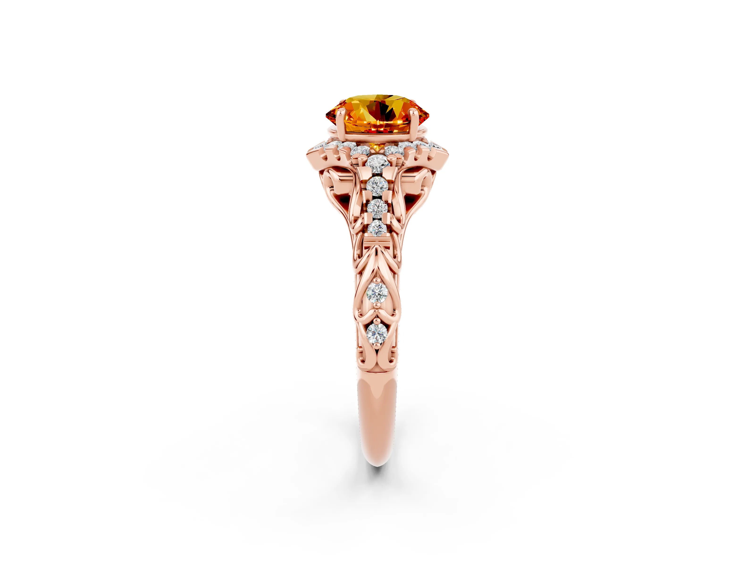 Rose gold Round Cut Citrine Solitaire Ring with Hidden Halo and Pavé Band_14