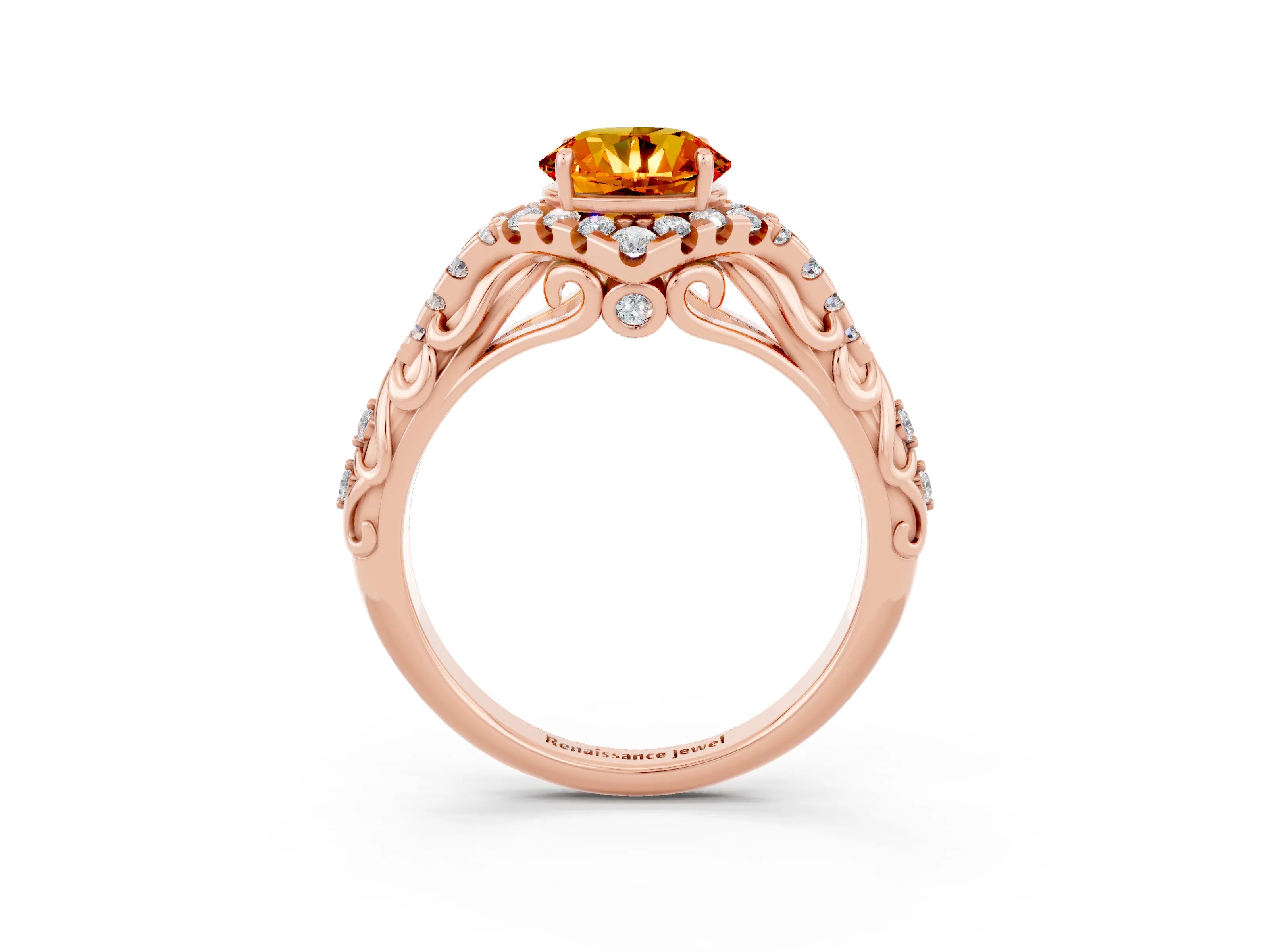 Rose gold Round Cut Citrine Solitaire Ring with Hidden Halo and Pavé Band_15