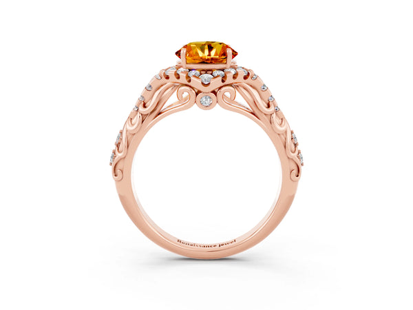 Rose gold Round Cut Citrine Solitaire Ring with Hidden Halo and Pavé Band