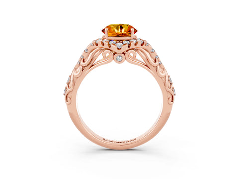 Rose gold Round Cut Citrine Solitaire Ring with Hidden Halo and Pavé Band_15