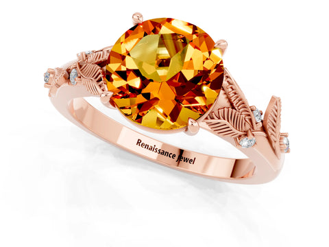 Rose gold Round Cut Citrine Solitaire Ring with Leaf Motif Band and Four-Prong Setting_1