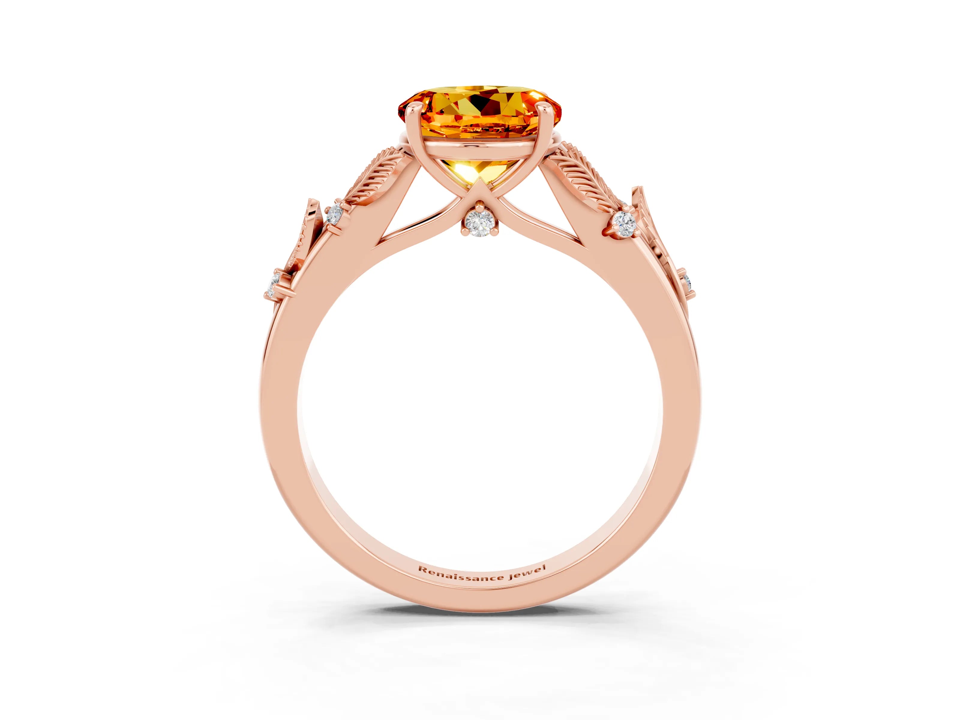 Rose gold Round Cut Citrine Solitaire Ring with Leaf Motif Band and Four-Prong Setting_3