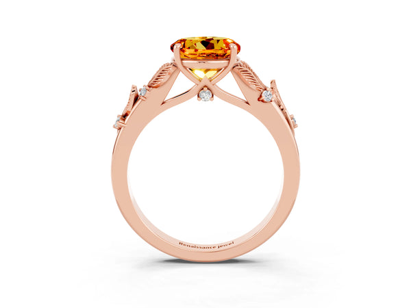 Rose gold Round Cut Citrine Solitaire Ring with Leaf Motif Band and Four-Prong Setting