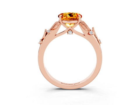 Rose gold Round Cut Citrine Solitaire Ring with Leaf Motif Band and Four-Prong Setting_3