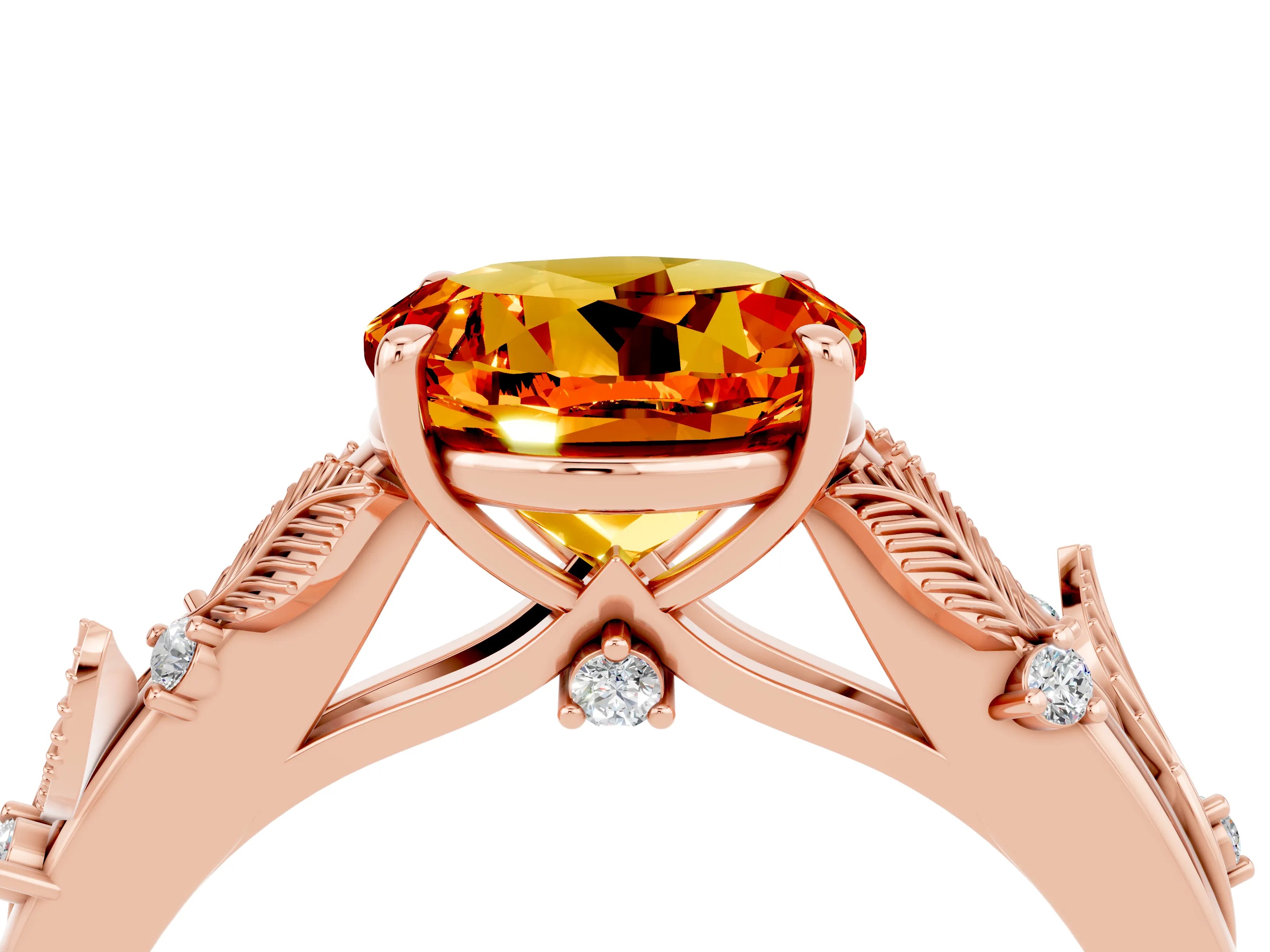 Rose gold Round Cut Citrine Solitaire Ring with Leaf Motif Band and Four-Prong Setting_4