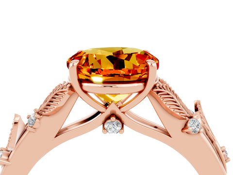 Rose gold Round Cut Citrine Solitaire Ring with Leaf Motif Band and Four-Prong Setting_4