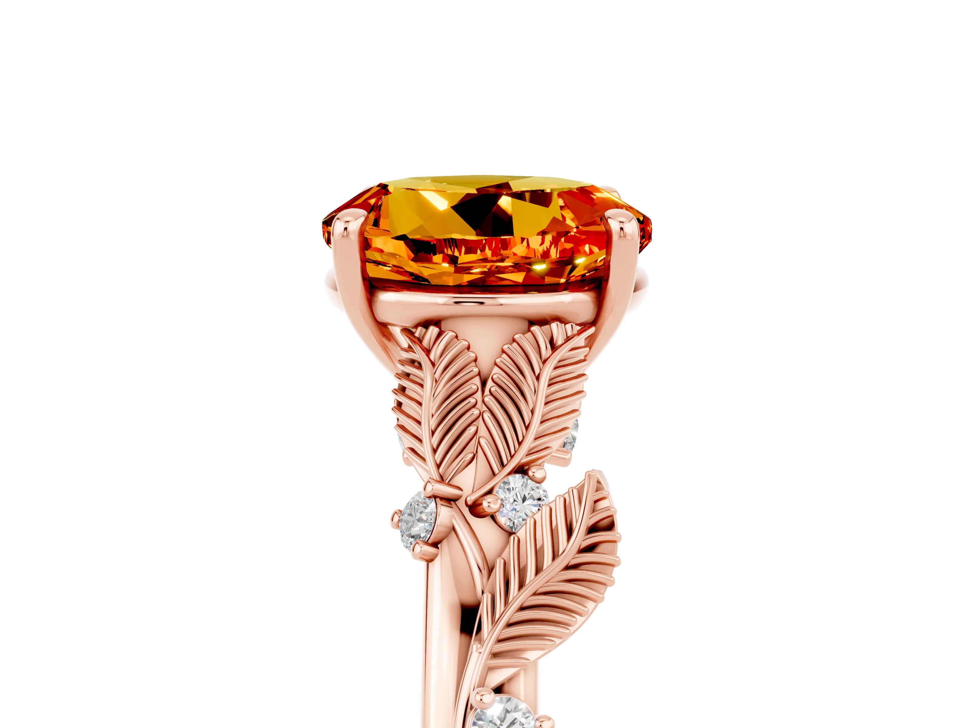 Rose gold Round Cut Citrine Solitaire Ring with Leaf Motif Band and Four-Prong Setting_5