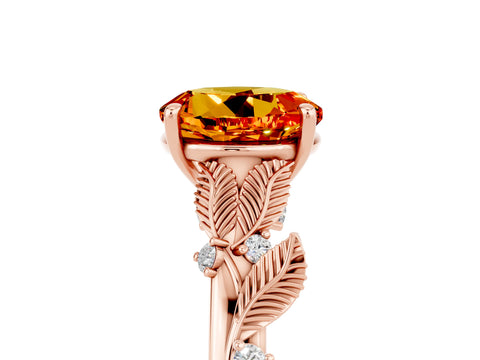 Rose gold Round Cut Citrine Solitaire Ring with Leaf Motif Band and Four-Prong Setting_5