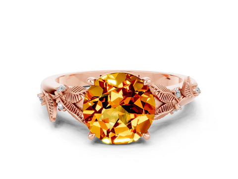 Rose gold Round Cut Citrine Solitaire Ring with Leaf Motif Band and Four-Prong Setting