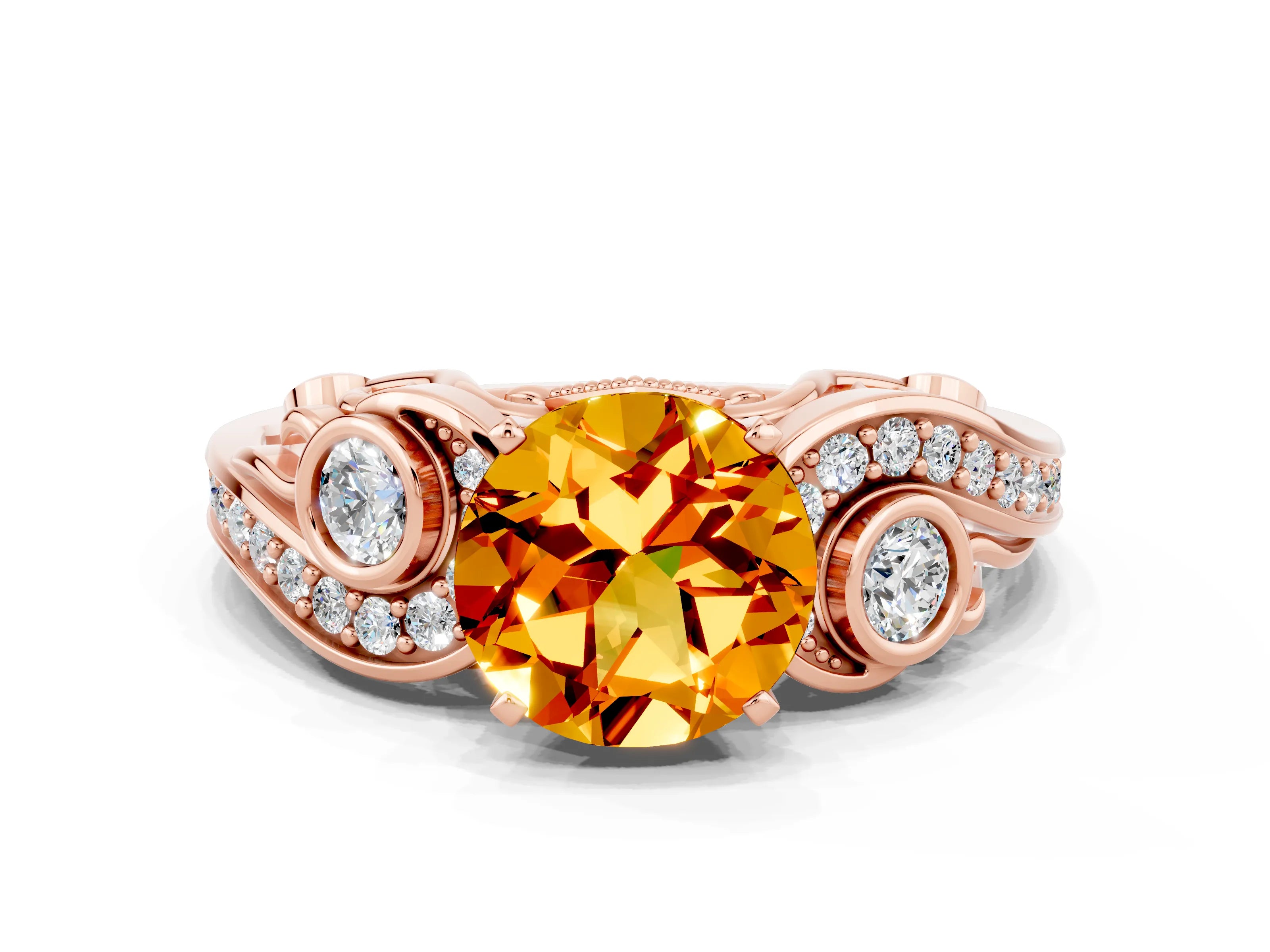 Rose gold Round Cut Citrine Solitaire Ring with Milgrain Pavé Band and Four-Prong Setting_24