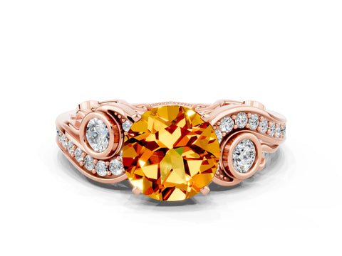 Rose gold Round Cut Citrine Solitaire Ring with Milgrain Pavé Band and Four-Prong Setting_24