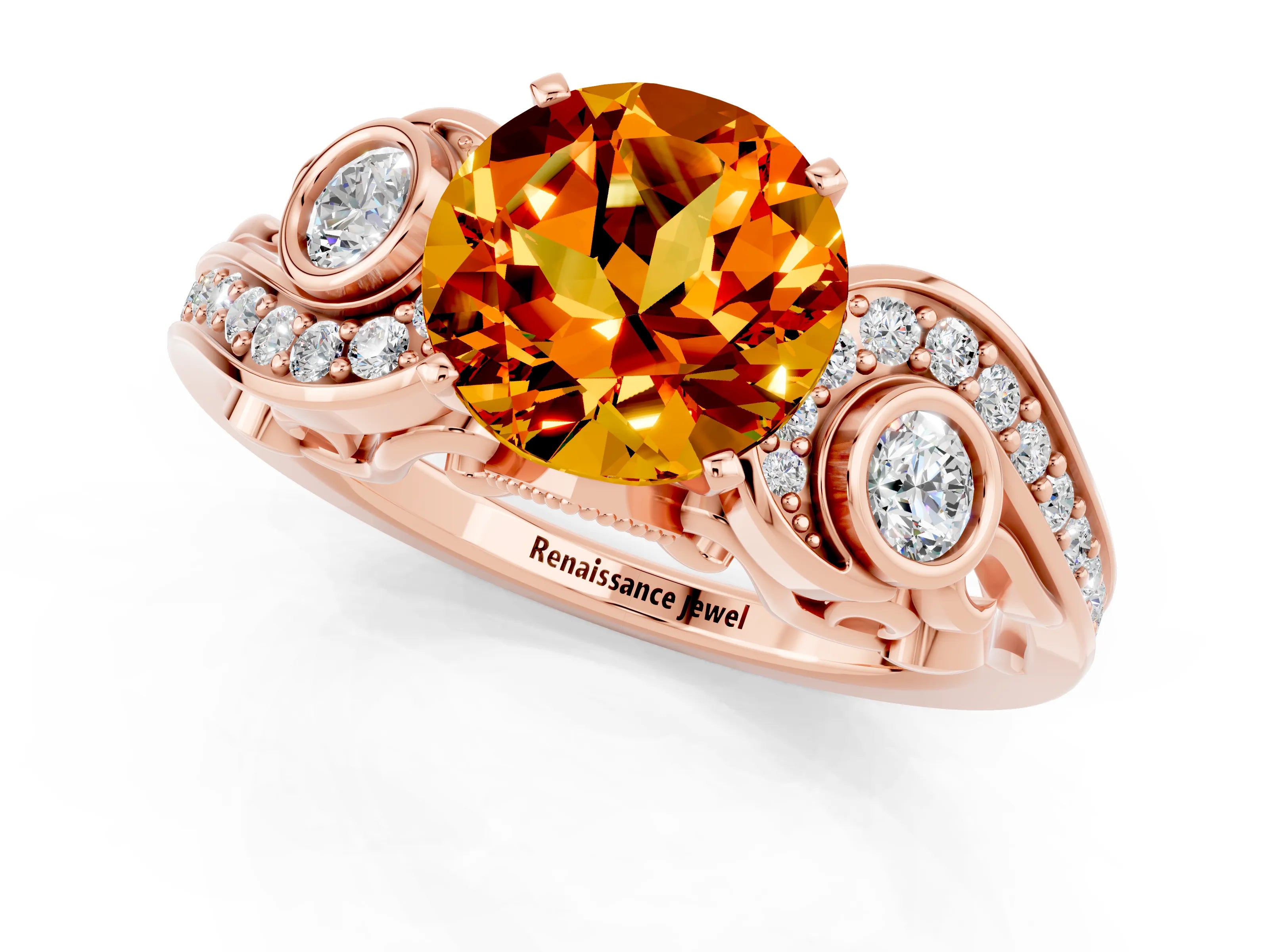 Rose gold Round Cut Citrine Solitaire Ring with Milgrain Pavé Band and Four-Prong Setting_25