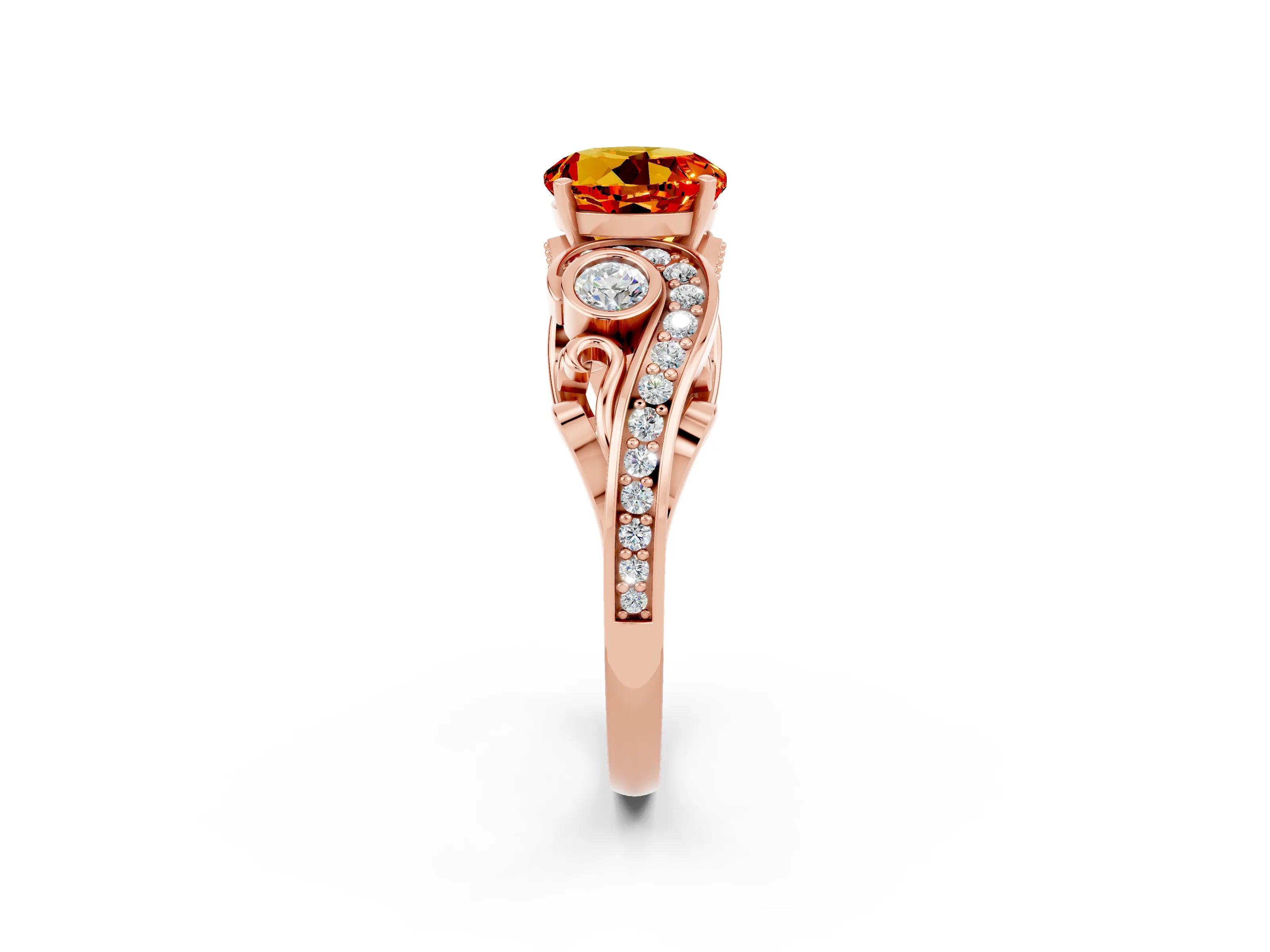 Rose gold Round Cut Citrine Solitaire Ring with Milgrain Pavé Band and Four-Prong Setting_26
