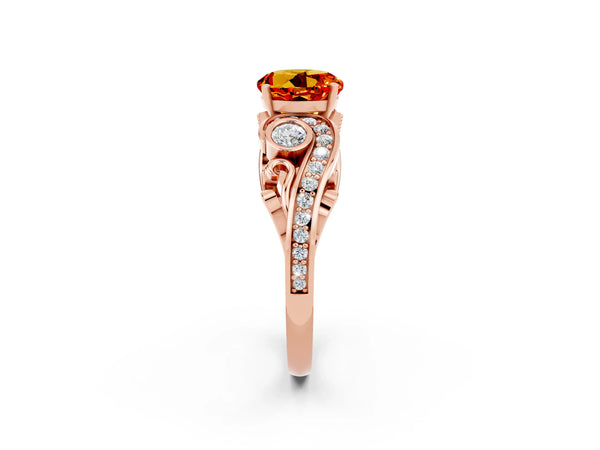Rose gold Round Cut Citrine Solitaire Ring with Milgrain Pavé Band and Four-Prong Setting