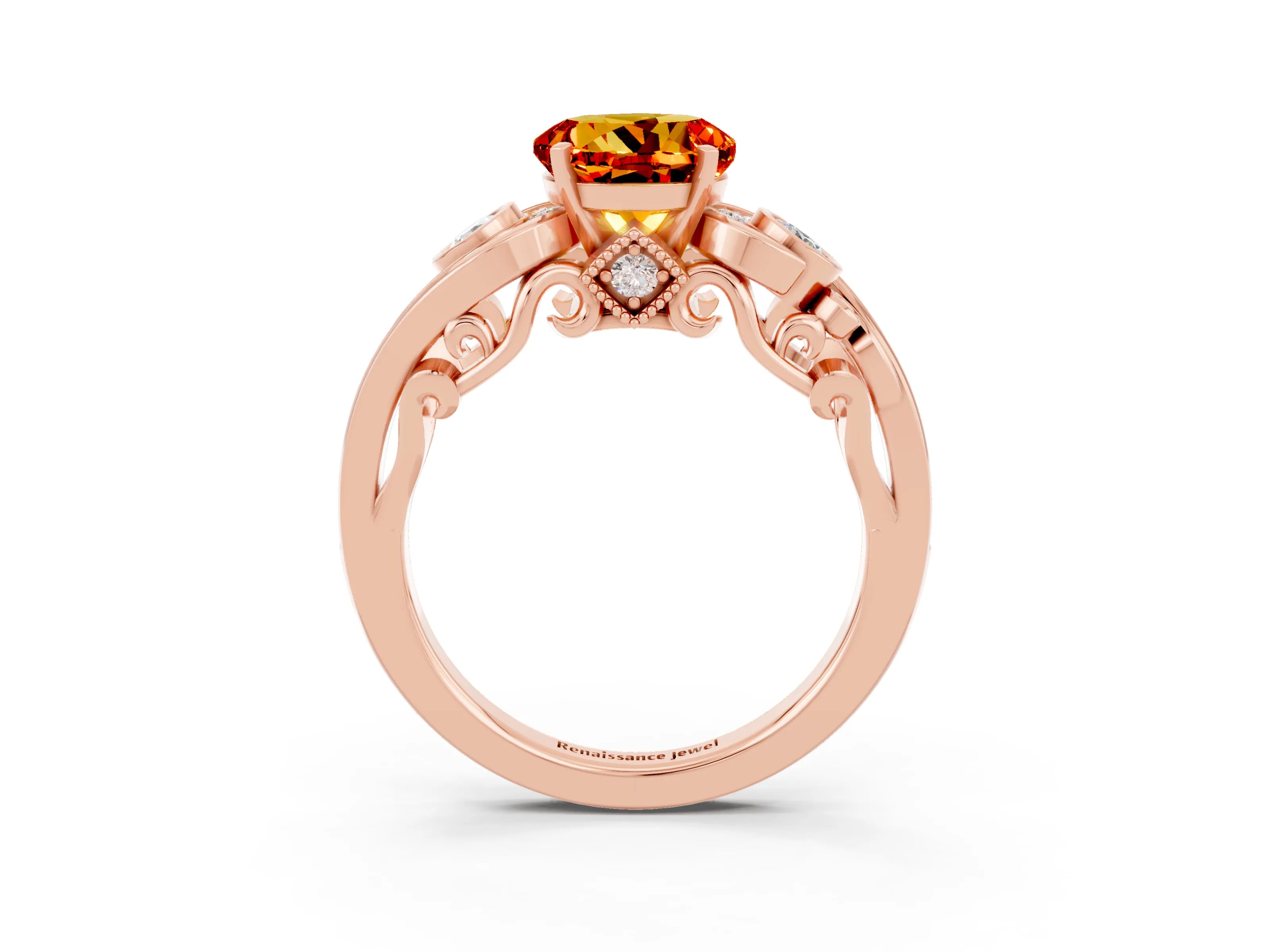 Rose gold Round Cut Citrine Solitaire Ring with Milgrain Pavé Band and Four-Prong Setting_27