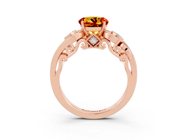 Rose gold Round Cut Citrine Solitaire Ring with Milgrain Pavé Band and Four-Prong Setting