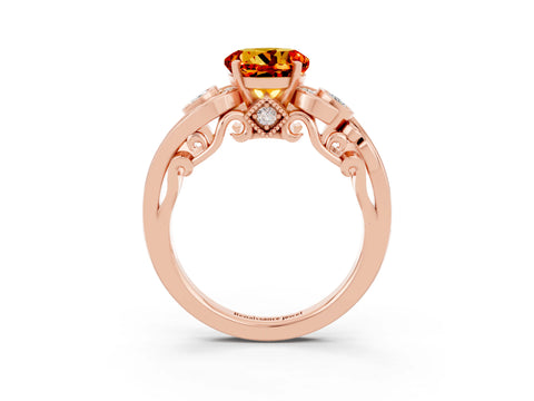 Rose gold Round Cut Citrine Solitaire Ring with Milgrain Pavé Band and Four-Prong Setting_27