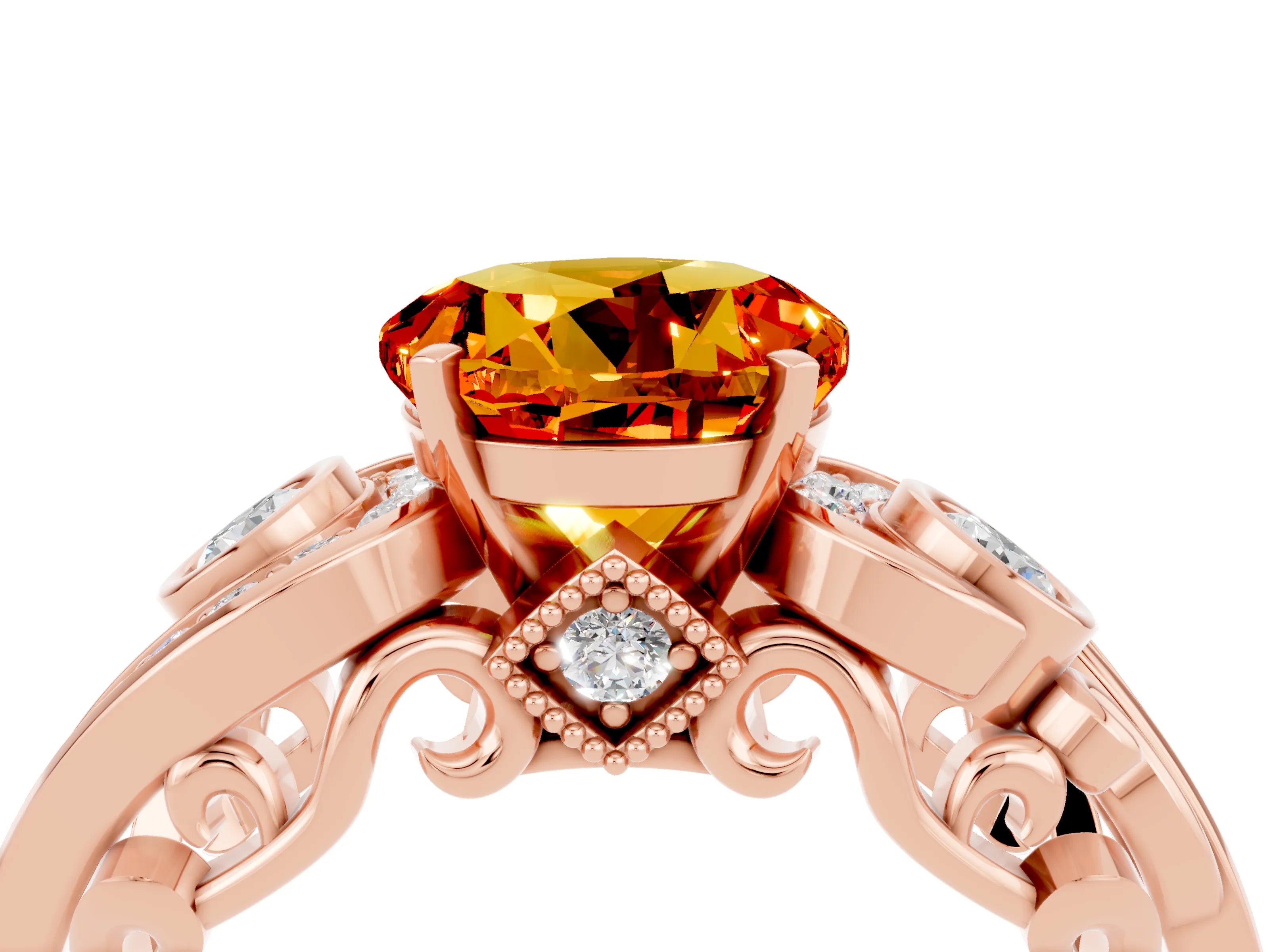 Rose gold Round Cut Citrine Solitaire Ring with Milgrain Pavé Band and Four-Prong Setting_28