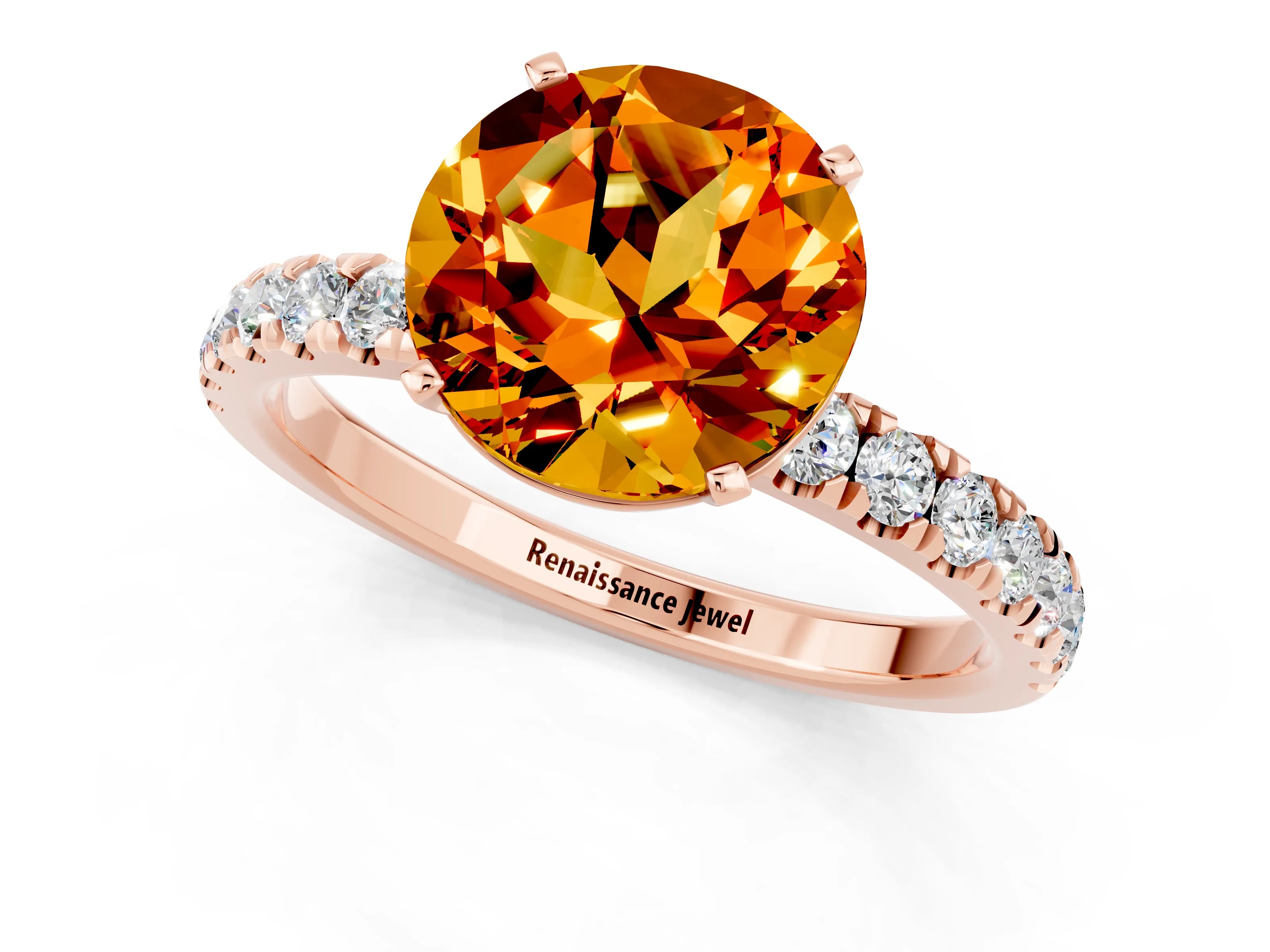Rose gold Round Cut Citrine Solitaire Ring with Pavé Accents and Four-Prong Setting_1