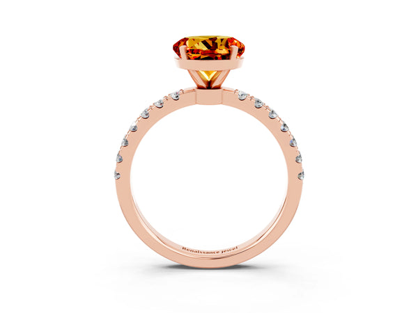 Rose gold Round Cut Citrine Solitaire Ring with Pavé Accents and Four-Prong Setting