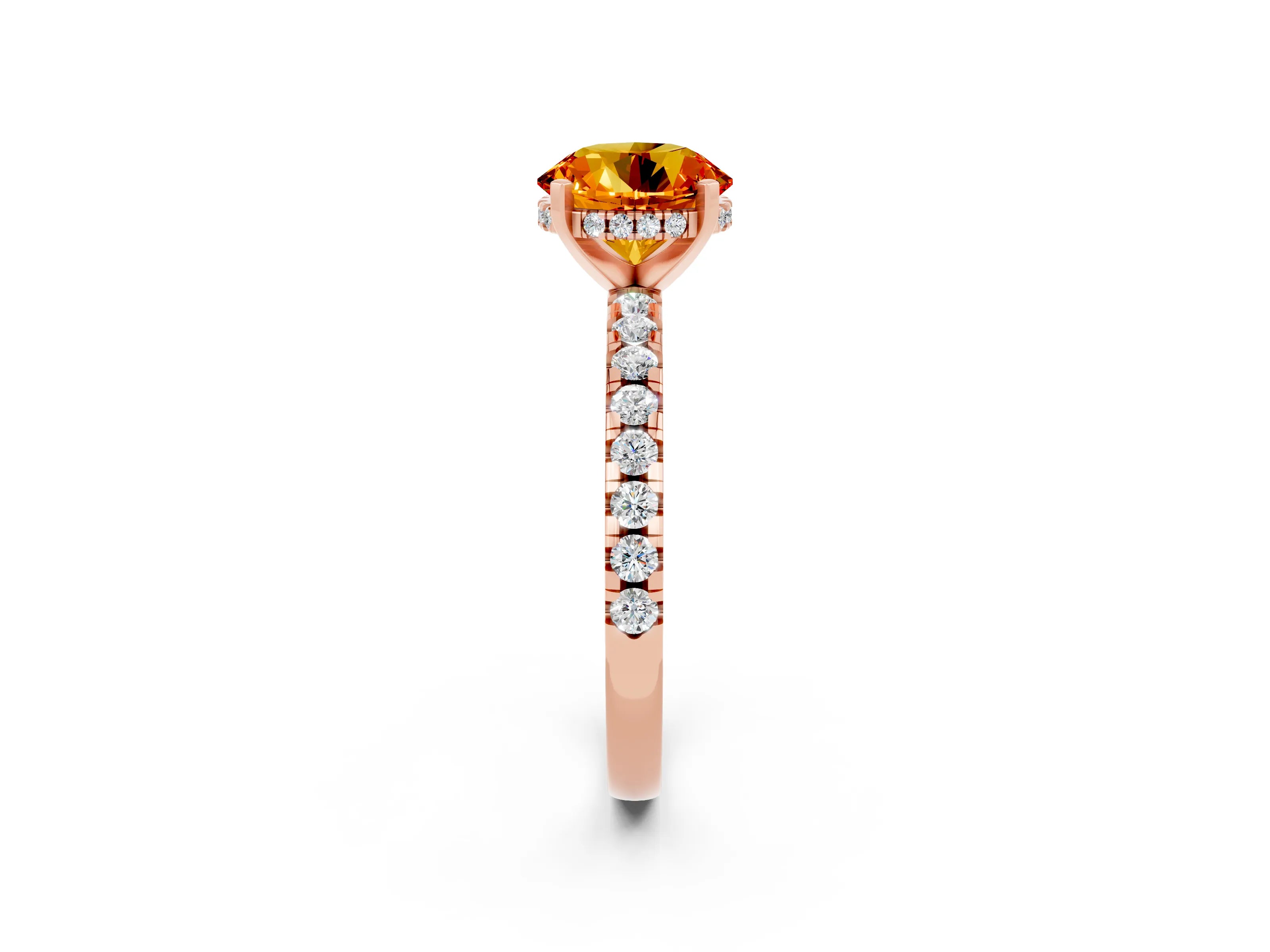 Rose gold Round Cut Citrine Solitaire Ring with Pavé Band and Four-Prong Setting_14