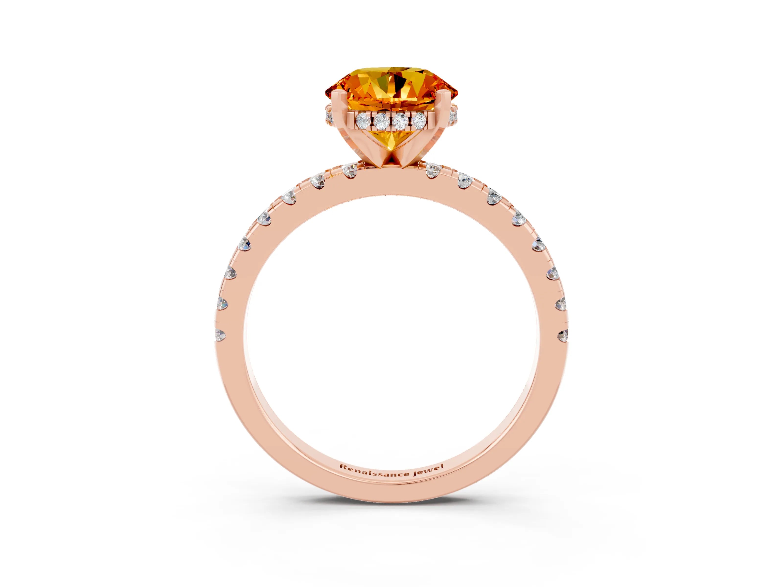 Rose gold Round Cut Citrine Solitaire Ring with Pavé Band and Four-Prong Setting_15