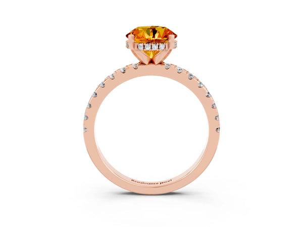 Rose gold Round Cut Citrine Solitaire Ring with Round  Pavé Band and Four-Prong Setting