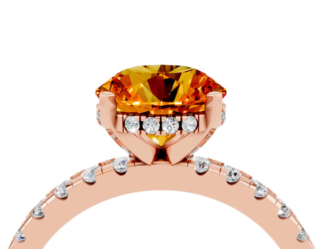 Rose gold Round Cut Citrine Solitaire Ring with Pavé Band and Four-Prong Setting_16