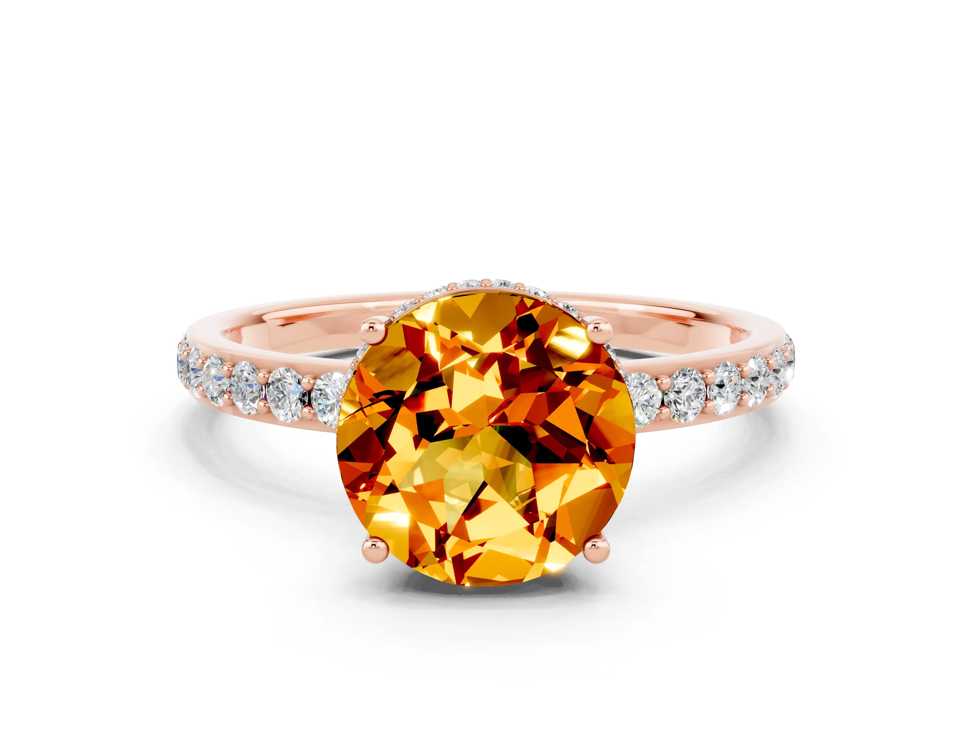 Rose gold Round Cut Citrine Solitaire Ring with Pavé Band and Hidden Halo_12