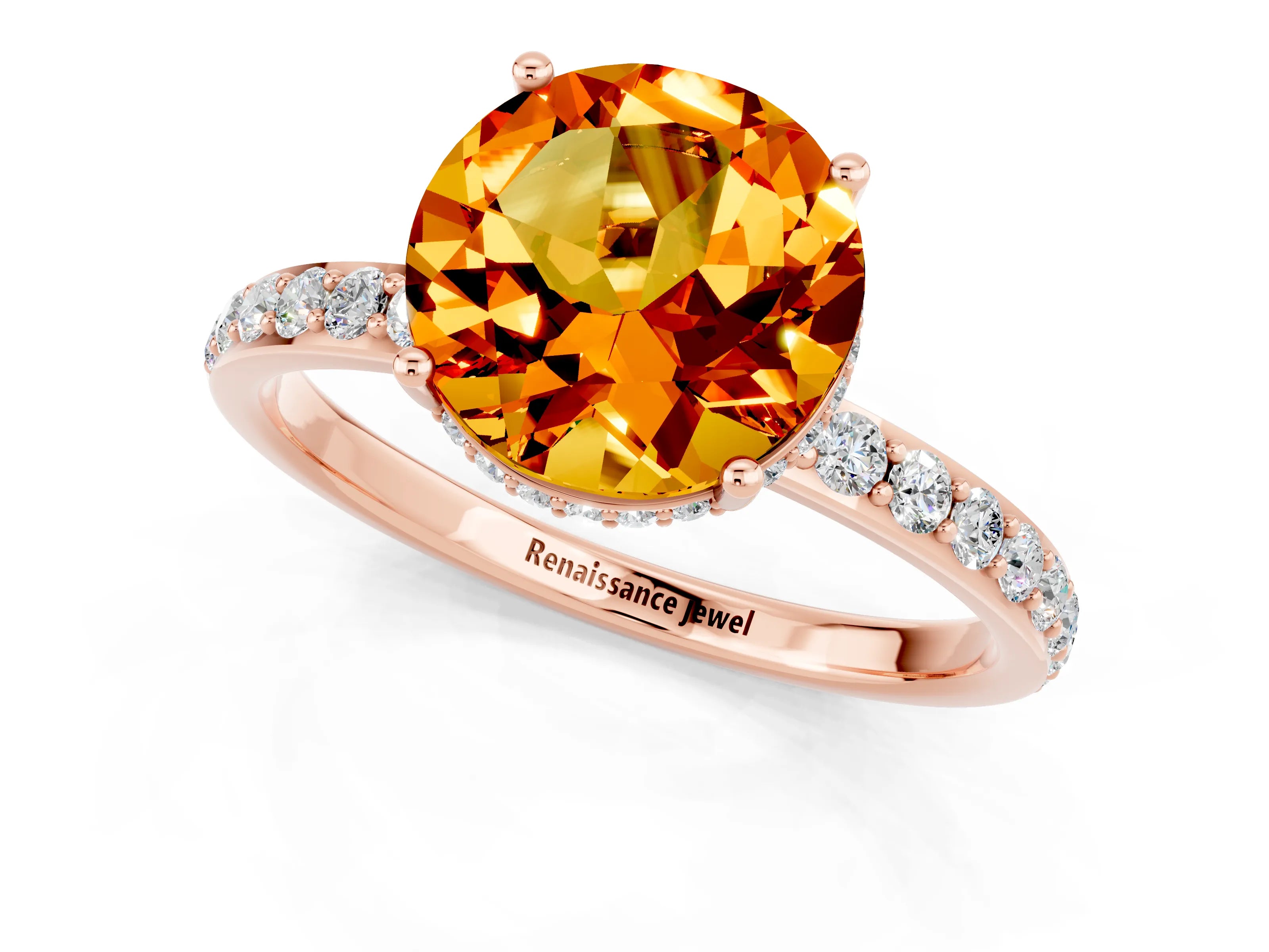 Rose gold Round Cut Citrine Solitaire Ring with Pavé Band and Hidden Halo_13