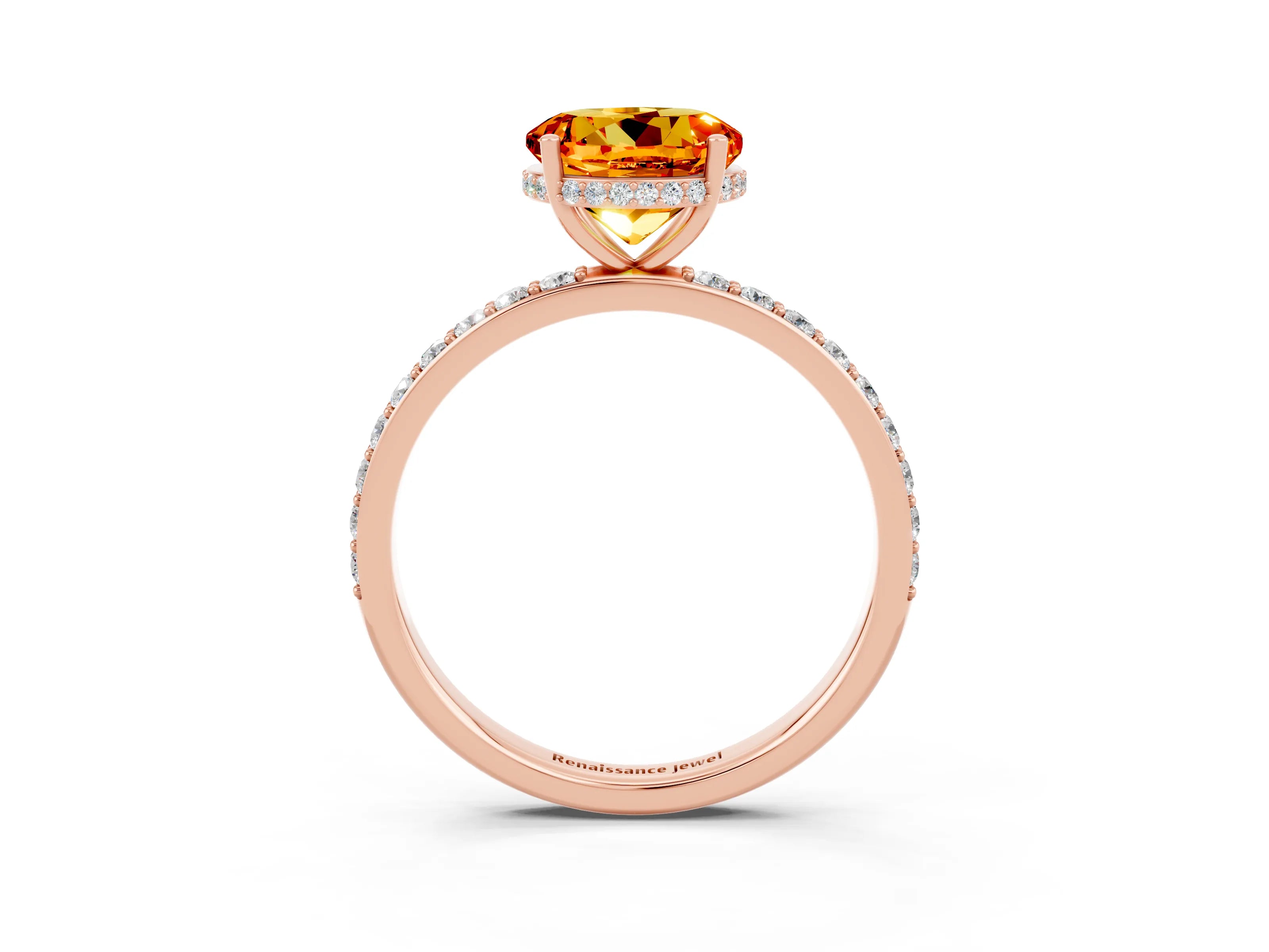 Rose gold Round Cut Citrine Solitaire Ring with Pavé Band and Hidden Halo_15