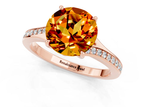 Rose gold Round Cut Citrine Solitaire Ring with Pavé Band and Prong Setting_13