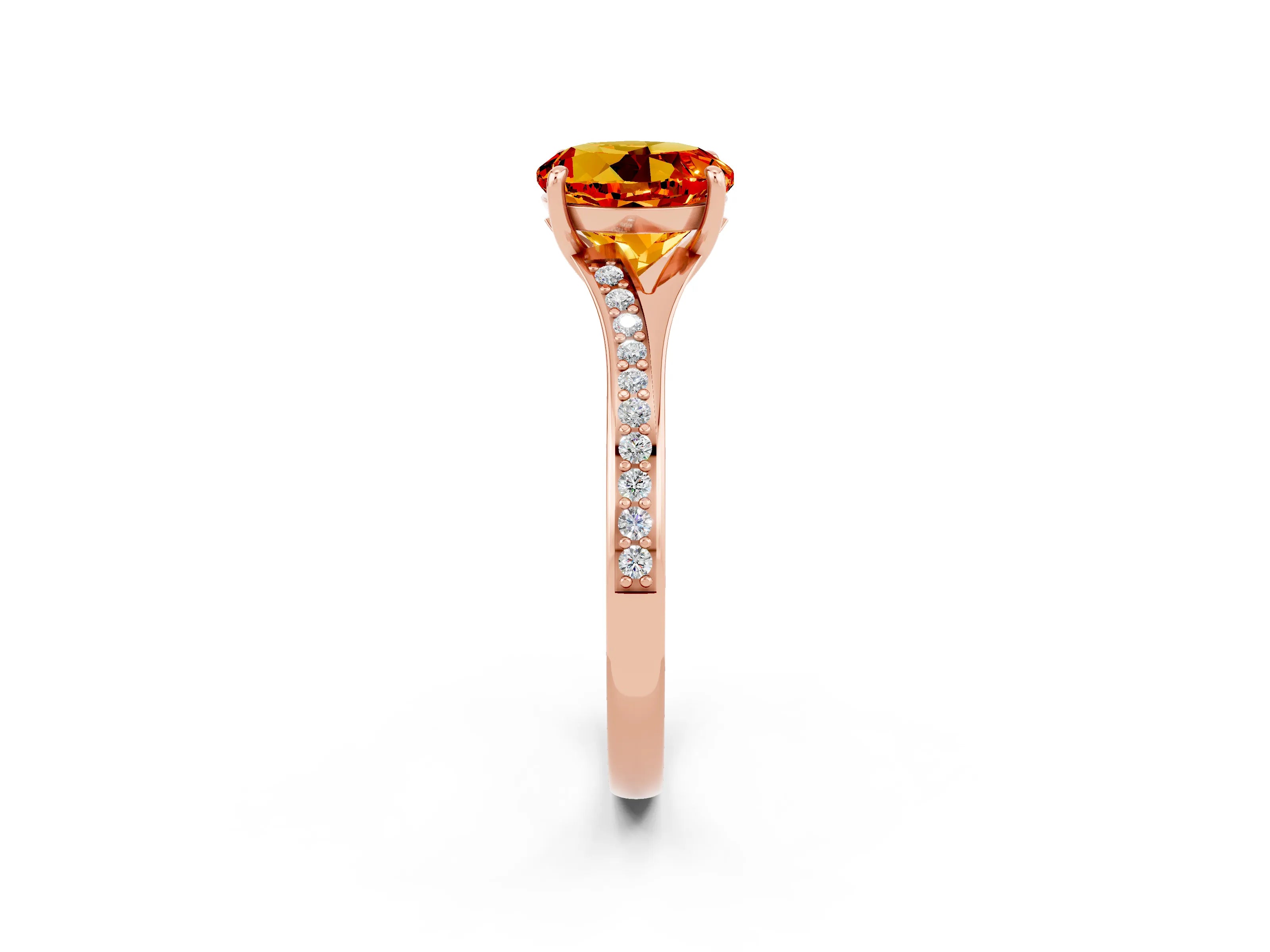 Rose gold Round Cut Citrine Solitaire Ring with Pavé Band and Prong Setting_14